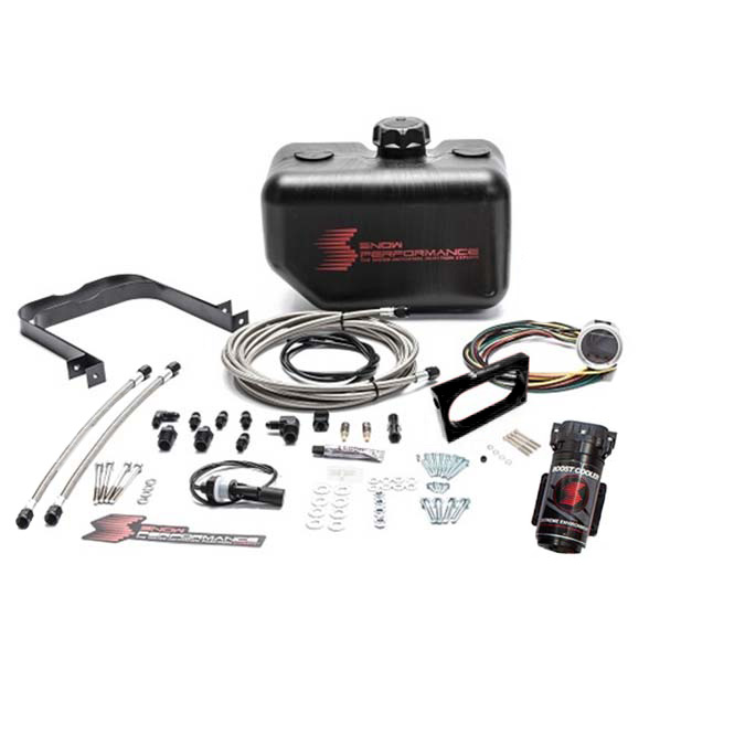 stage 2 boost cooler 2005-2010 ford mustang gt 4.6l forced induction  water-methanol injection kit (stainless steel braided line, 4an fittings)